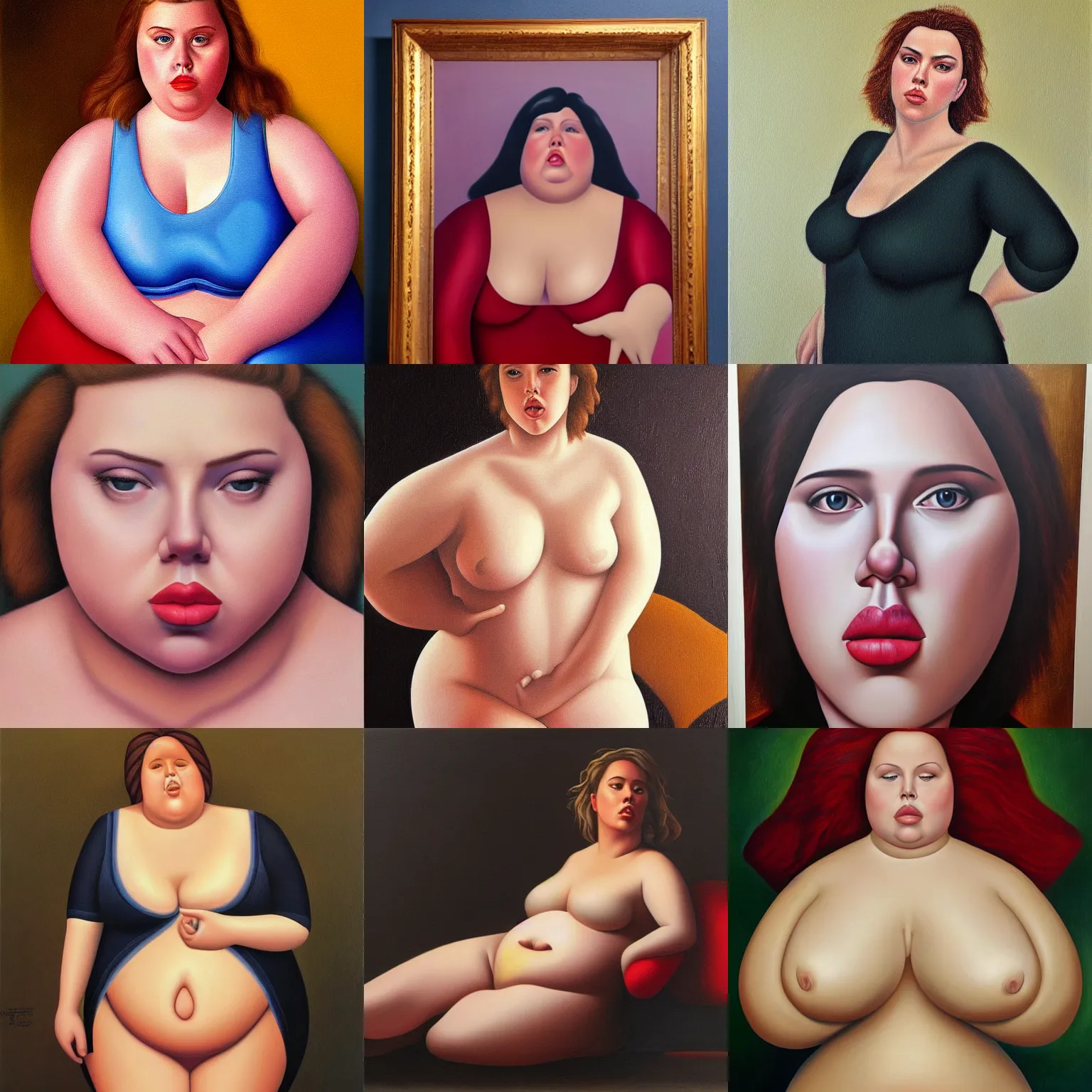 Prompt: obese scarlett johansson, oil painting, by fernando botero