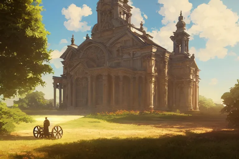 Image similar to a driving ornate baroque church mounted on chainwheels, scene in an open field. key visual, conceptart, ambient lighting, highly detailed, digital painting, artstation, concept art, sharp focus, by makoto shinkai and akihiko yoshida and greg manchess