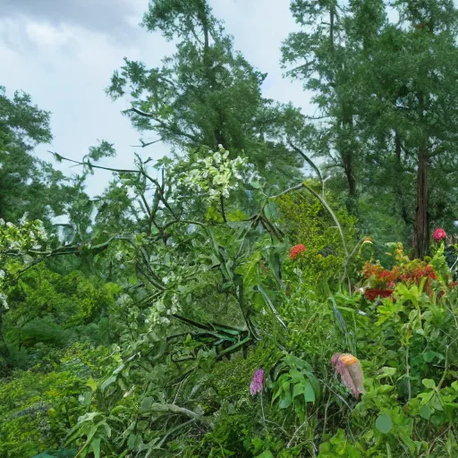 Prompt: a tornado with plants, trees, and flowers