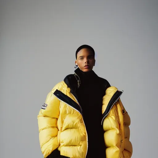 Image similar to realistic photoshooting for a new acne studio lookbook, color film photography, close up, model is wearing a puffer jacket, photo of a woman, photo in style of tyler mitchell, 3 5 mm, vetements, balenciaga, commes des garcon