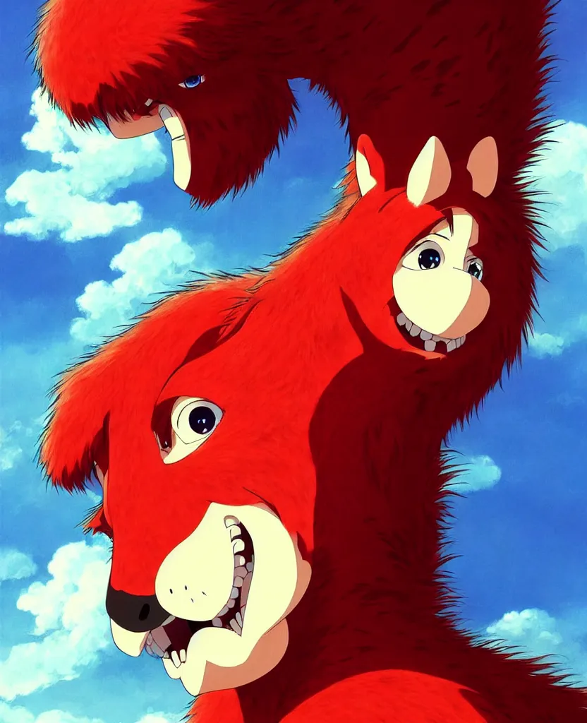 Prompt: beautiful painting from the anime film by studio ghibli, red anthropomorphic furry horse human hybrid, drooling, fur, trending on artstation