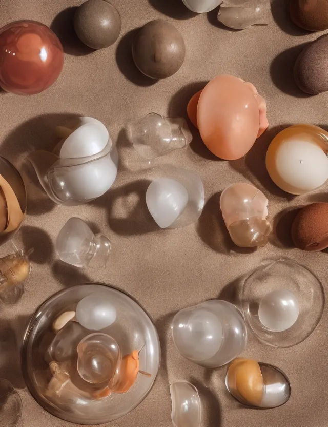 Image similar to a well - lit studio photograph of various earth - toned plastic toys floating in a kidney - shaped bowl of water, some wrinkled, some long, various sizes, textures, and transparencies, beautiful, smooth, detailed, inticate