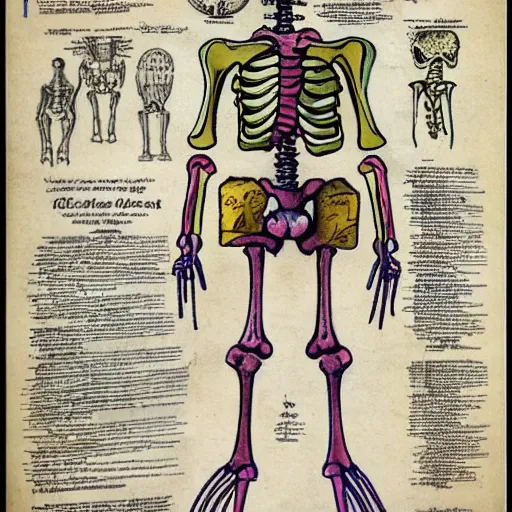 Prompt: vintage, detailed, colored sketch of spongebob anatomy, full body, skeleton, with full descriptions, on parchment