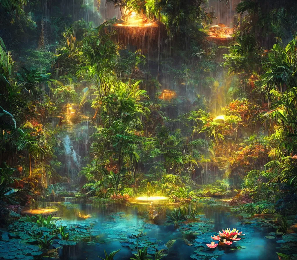 Prompt: detailed fantastic giant lily in a tropical pond by artstation bruce pennington, bas - relief, dark night, neon lights, reflections ray, tracingstar trails, dramatic light, fluffy clouds, digital painting, igh detailed, 8 k render, perfect shape, hyperrealistic