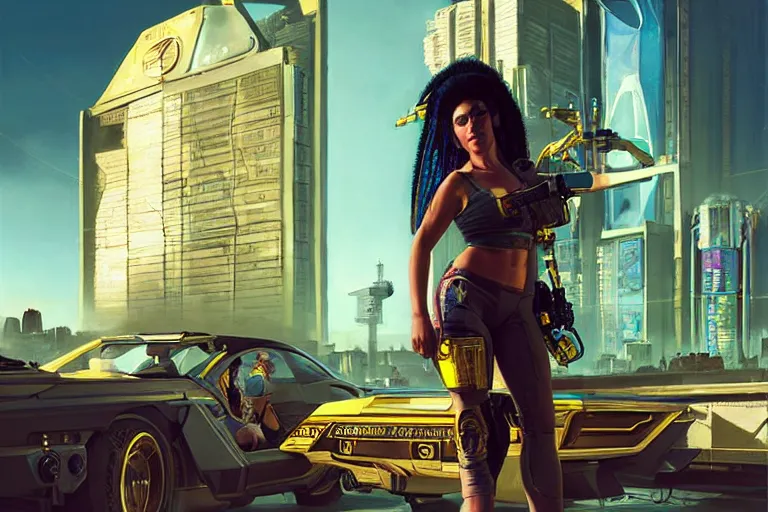 Image similar to A solarpunk very highly detailed Judy Alvarez from the videogame Cyberpunk 2077, with very highly detailed face on the street of a very highly detailed smooth solarpunk city digital concept art by Greg Rutkowski, neofuturistic highly detailed, digital concept art, Dimensional cyan gold natural light, sharp focus, Golden Ratio illustration, realistic concept art by Stephen Hickman and James Gurney and Hiromasa Ogura Ghost in the Shell rendered in Octane Render, From the distance
