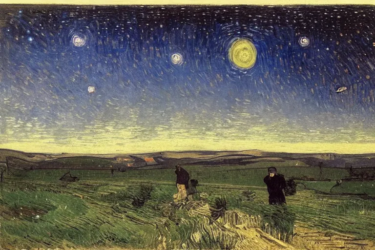 Image similar to a farmer looking at the night sky with clouds and stars, colorful, beautiful, national geographic, very detailed, astrophotography, cinematic lighting, oil painting, canvas, Theodor Kittelsen, Hermann Hendrich, Vincent van Gogh