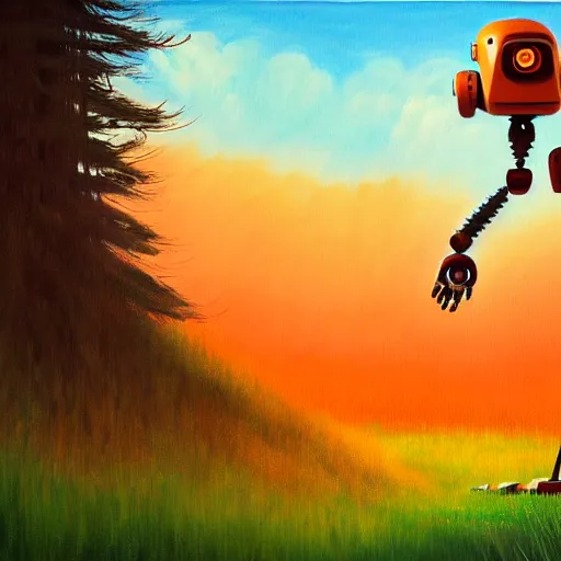 Prompt: a painting of a robot in the middle of a forest by laika studios, detailed, dynamic perspective, ghibli - style, disney - style, orange sky, realistic shading, mixed media