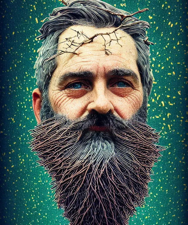 Prompt: a striking! detailed!! portrait of a rugged middle aged man with a greying beard, shards of the evening ascending like broken stained glass, thorny branches surround him, hyperrealistic art nouveau, neural pointillism, earth tones, octane, 8 k, natural light