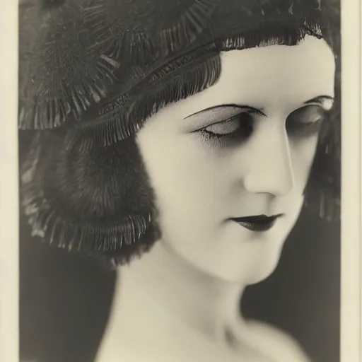 Image similar to photograph of a woman wearing flapper fashion, 1 9 2 0's, looking at the camera, aesthetic, elaborate, intricate, highly detailed, detailed face, photorealism, smooth, sharp focus, rim light, art by man ray,