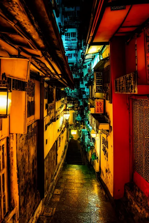 Image similar to an interior view of an old walled city in Hong Kong, colorful, dated and old, dark moody lighting, night, very detailed, photoreal, 8k, canon 20mm lens