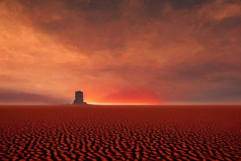 Prompt: very dry ground, desert, cracked, big tower in the background, red sky, fire in the background, artstation, award - winning, ethereal, dreamy