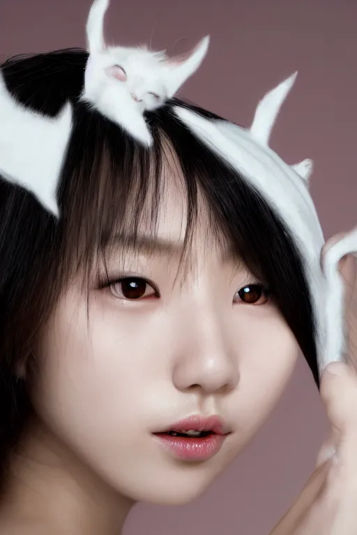 Image similar to aesthetic photograph of alluring young Japanese woman with white cat ears, by Nick Knight and jia ruan, headshot, realistic, photorealistic, HD, 4k resolution