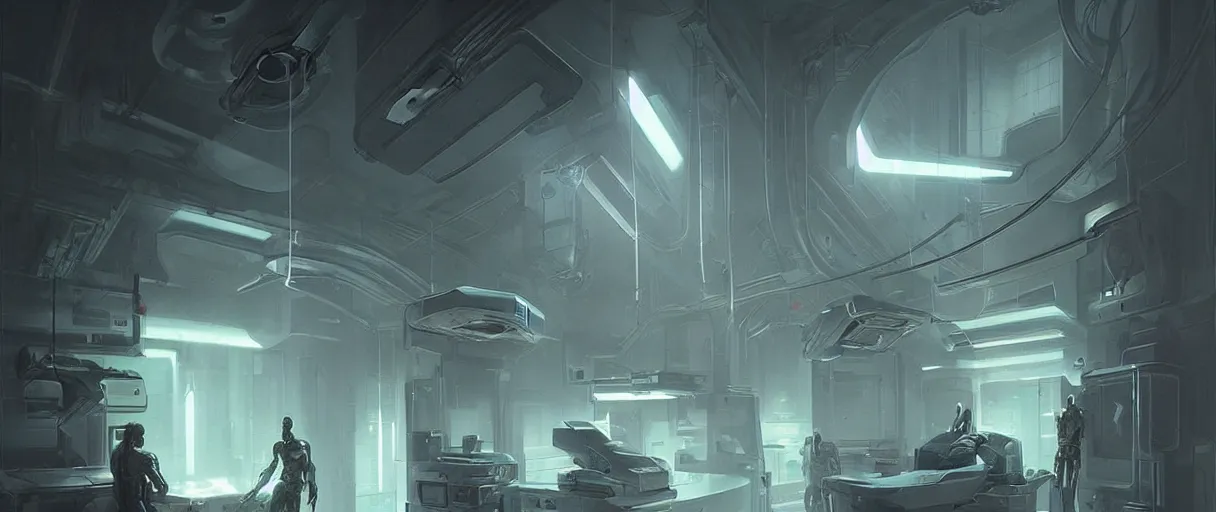 Image similar to neon surgery scanning machine cyberpunk futuristic, in a white room, art by giger, greg rutkowski