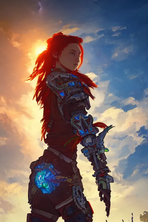 Image similar to combination suit armor aloy horizon forbidden west horizon zero dawn radiating a glowing aura global illumination ray tracing hdr fanart arstation by ian pesty and alena aenami artworks in 4 k tribal robot ninja mask helmet backpack