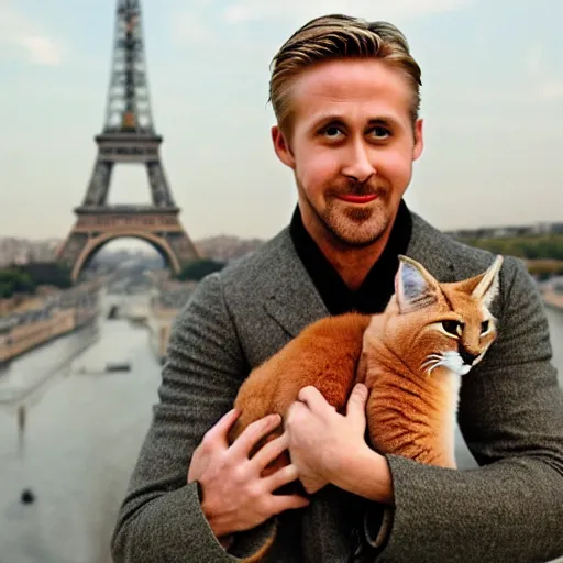 Prompt: Ryan Gosling holds a caracal cat in his hands against the backdrop of the Eiffel Tower, photography award winning
