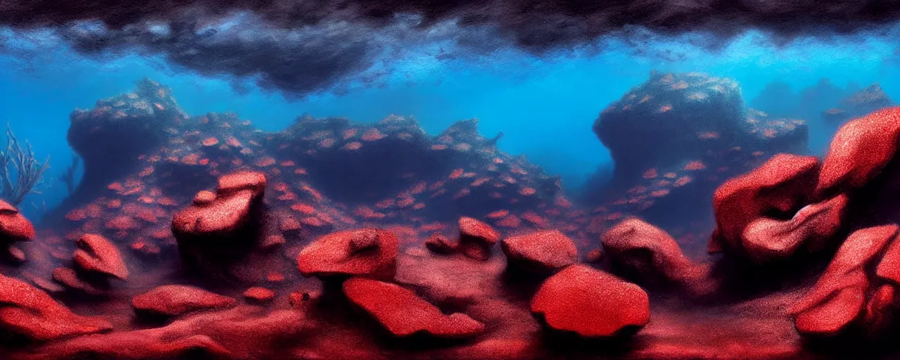 Image similar to A gorgeous detailed oil of a dark red sea covered in big blue steep rocks, a school of piranhas underwater, the further away the mistier it gets, surreal, concept art, dark aesthetic, atmospheric, moody, hyperrealism, highly detailed, masterpiece, award winning, 4k, unreal engine