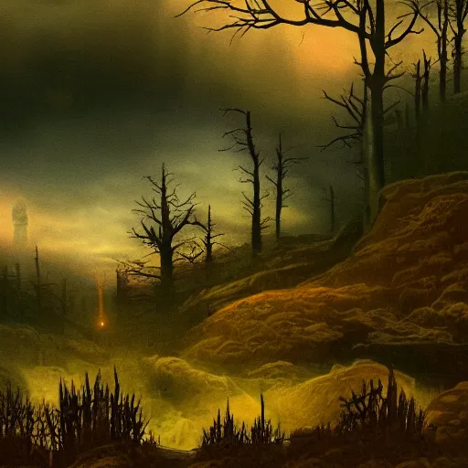 Prompt: a landscape from a horror book, terrifying creature visible