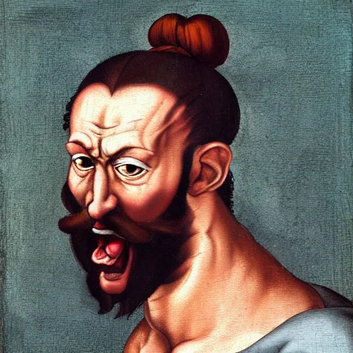 Image similar to portrait painting of angry Michelangelo di Lodovico with topknot in the style of japanese cartoon