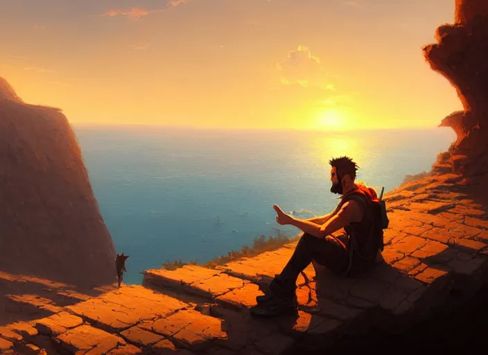 Prompt: a man sitting cross legged on a cliff watching the sunset, painting, beautiful, digital art, harsh lighting, trending on art station, art by greg rutkowski and andreas rocha, 8 j