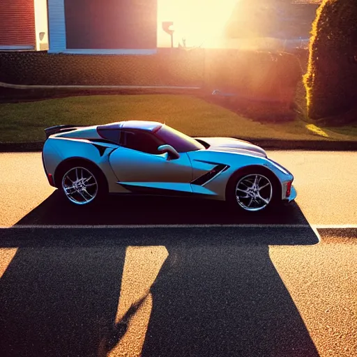 Image similar to corvette with cats sitting in and on the car, cinematic, golden hour, shadows, wide shot