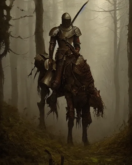 Image similar to Hyper realistic painting of a knight in full plate armor that has completely turned to rust, hyper detailed, surrounded by a dark forest, fog, moody, creepy, cinematic lighting, by greg rutkowski, trending on artstation