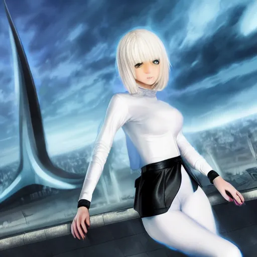 Image similar to platinum - blonde - haired bob cut blue - eyed princess wearing white leggings and black jacket, standing next to communist monument, futuristic city, anime, hd anime wallpaper, hyperrealistic lighting, octane render, volumetric lighting, drawn by artgerm