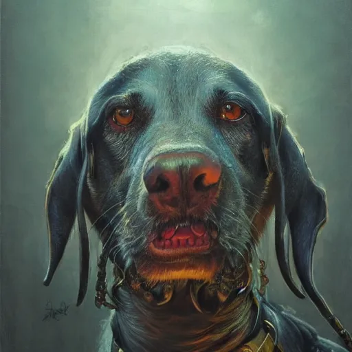 Image similar to low angle shot of a dog by clive barker, intricate, elegant, highly detailed, centered, digital painting, artstation, concept art, smooth, sharp focus, illustration, artgerm, Tomasz Alen Kopera, Peter Mohrbacher donato giancola, Joseph Christian Leyendecker, WLOP, Boris Vallejo.