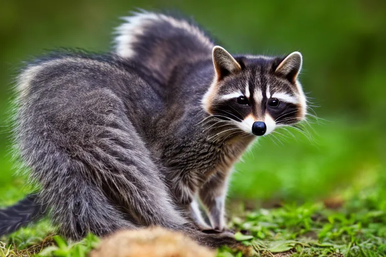 Prompt: a cat racoon!!! hybrid! hyper realistic!! realistic lighting!! wildlife photographer of the year!!! bold natural colors, national geographic, hd, wide angle, 8 k