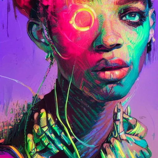 Prompt: portrait of a beautiful girl has dark skin color, with luminescent tattoos, neon, funky hair, shades of pink, beautiful face, rule of thirds, intricate outfit, spotlight, by greg rutkowski, by jeremy mann, by francoise nielly, by van gogh, digital painting