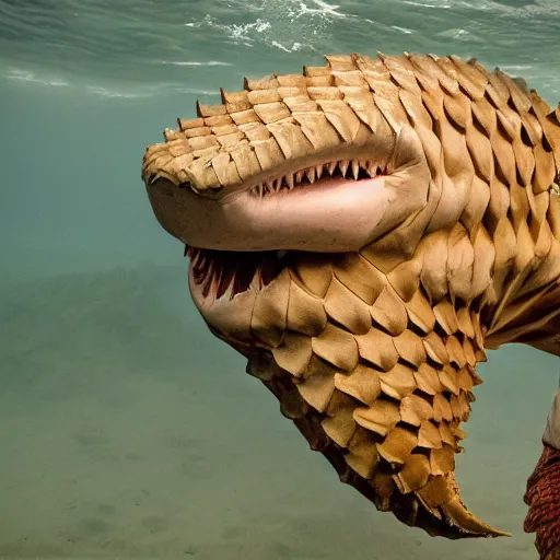 Image similar to a Shark with the armor of a pangolin, national geographic photograph