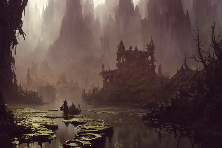 Image similar to old forgotten kingdom surrounded by murky swamps, deep focus, d & d, fantasy, intricate, elegant, highly detailed, digital painting, artstation, concept art, matte, sharp focus, illustration, hearthstone, art by greg rutkowski and alphonse mucha and andreas rocha