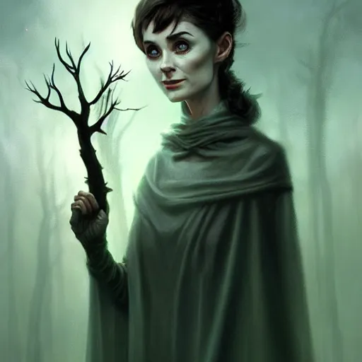 Prompt: a druid casting a spell in the dark of night, inspired by audrey hepburn and kristen ritter, surreal matte painting, detailed portrait, deviantart artstation, by peter mohrbacher, by greg rutkowski