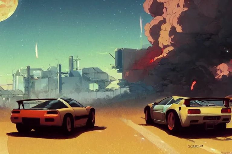 Prompt: 2 0 0 1 space odyssy diesepunk honda nsx mad max speeding through a burning fuel depot chase laser weapons by greg rutkowski makoto shinkai takashi takeuchi studio ghibli, akihiko yoshida