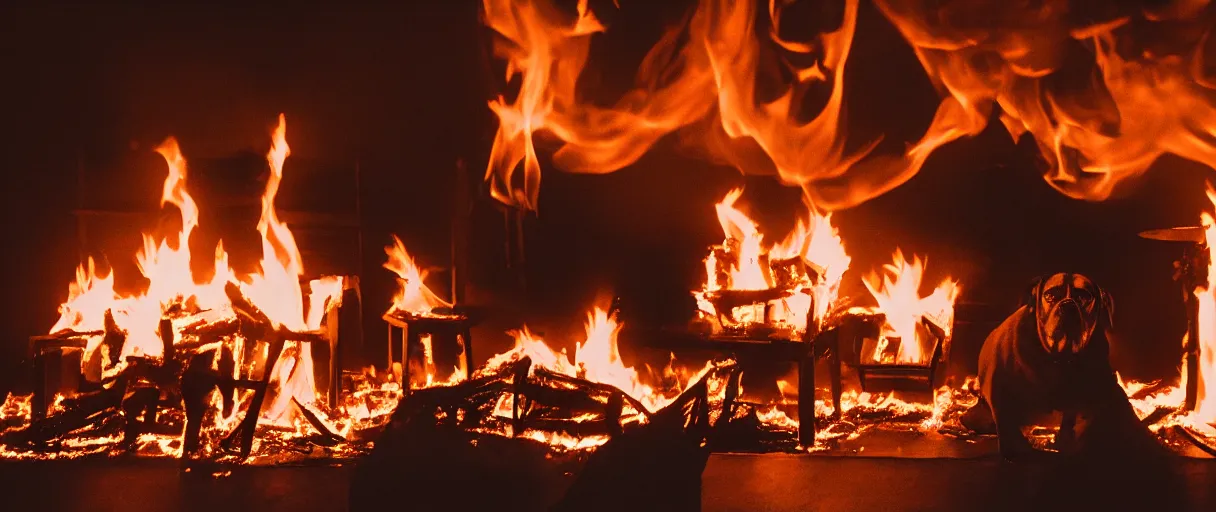 Image similar to a studio photograph (flash on) of a big fire on a dining room on fire, an human-like relaxed dog sitting on a wooden chair at a table (no fire at all there), lights on, ☕ on the table, surrounded by flames, a lot of flames behind the dog, black smoke instead of the ceiling, no watermark