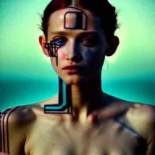 Prompt: photographic portrait of a stunningly beautiful renaissance replicant android with glitch art tattoos female in soft dreamy light at sunset, contemporary fashion shoot, by edward robert hughes, annie leibovitz and steve mccurry, david lazar, jimmy nelsson, breathtaking, 8 k resolution, extremely detailed, beautiful, establishing shot, artistic, hyperrealistic, beautiful face, octane render