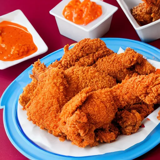 Image similar to photograph of a fried chicken and funnel cake basket, Buffalo sauce on the side, 4K, HD