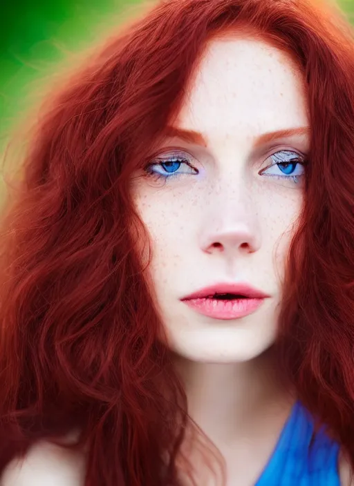 Prompt: face portrait of a thin young elegant gorgeous redhead woman with russian descent, sunbathed skin, with beautiful!, deep blue eyes. Wavy long maroon colored hair who looks directly at the camera. Slightly open mouth, face takes up half of the photo. a park visible in the background. Intricate. Very detailed 8k texture. Sharp. Cinematic post-processing. . Sharp eyes. stefan kostic. stanley lau. artgerm. Soft light. Lifelike.