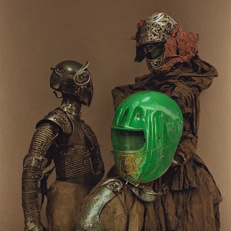 Prompt: portrait of a knight in a ornate motorcycle dirt helmet, background green plastic bag,, by zdzisław beksinski, elegant, fashion studio, ighting, 3 5 mm, edward hopp