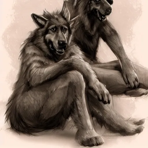 Image similar to two humanoid german shepherds beast - men, sitting on a couch and hugging together, artstation, concept art, smooth, sharp foccus ilustration, artstation