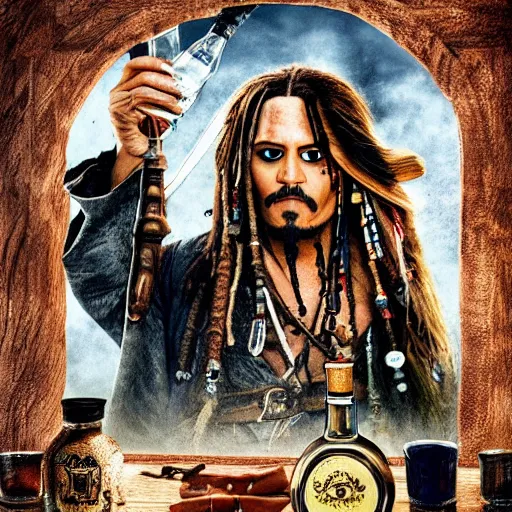 Prompt: jack sparrow drinks rum from bottle at the deck of pirate ship, focus, 3 d illustration, sharp, intricate, poster,, photo, detailed photo, scene from pirates of caribbean