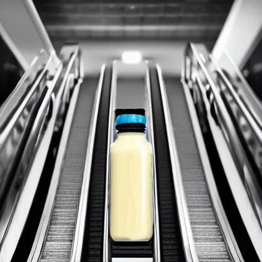 Image similar to a jar of mayonnaise on an escalator. close - up on the jar of mayonnaise. photorealistic, 8 k