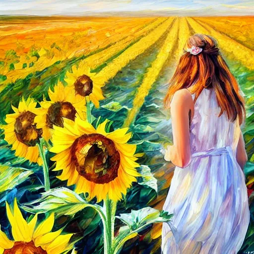 Prompt: a girl in amazing tall sunflower field, her hair flowing down, subtle, intricate details, real masterpiece, oil on canvas, by leonid afremov