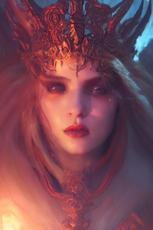 Image similar to attractive demon queen, close - up portrait, intricate, elegant, volumetric lighting, scenery, digital painting, highly detailed, artstation, sharp focus, illustration, concept art, gaston bussiere, ruan jia, steve mccurry