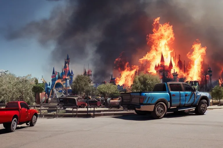 Image similar to lifted pickup in front of burning Disney Land by Emmanuel Lubezki