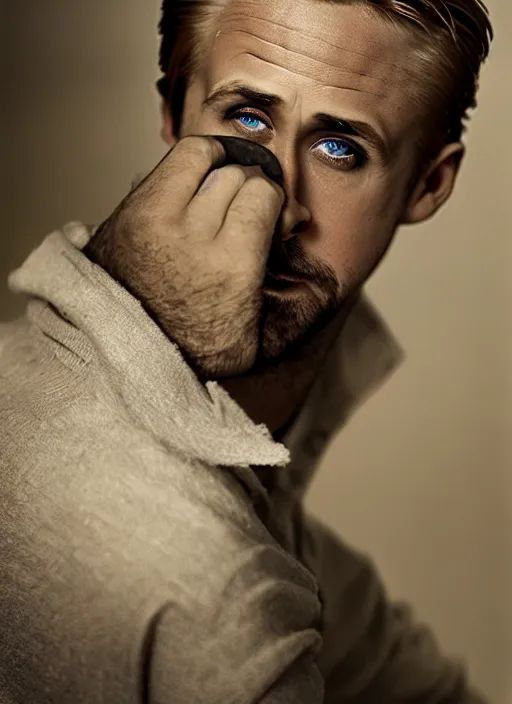 Image similar to ryan gosling fused with a goose neck, natural light, bloom, detailed face, magazine, press, photo, steve mccurry, david lazar, canon, nikon, focus