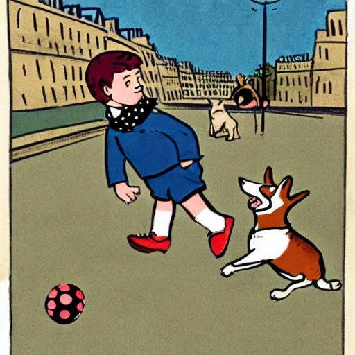 Image similar to illustration of french boy on the streets of paris playing football against a corgi, the dog is wearing a polka dot scarf, comic, 1 9 6 3