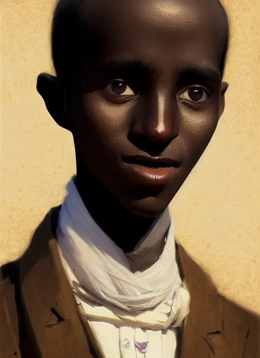 Image similar to a portrait of an sudanese boy with a crooked nose in victorian clothing, confident pose, intricate, elegant, sharp focus, illustration, highly detailed, concept art, matte, trending on artstation, anime, art by james jean and artgerm and brian despain and alberto mielgo, greg rutkowski, wlop, ilya kuvshinov, strong strokes