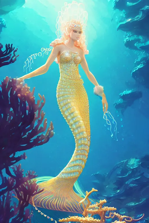 Image similar to a beautiful mermaid queen of the ocean in the middle of coral reefs, pearl and gold and crystal jewelry, complex and shiny dress inspired by jellyfish, by ross tran and atey ghailan, by greg rutkowski, by greg tocchini, by james gilleard, by joe fenton, by kaethe butcher, dynamic lighting, grunge aesthetic