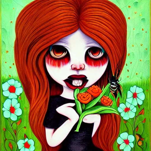 Prompt: macabre painting of a flower eating a bee by jeremiah ketner | horror themed | creepy