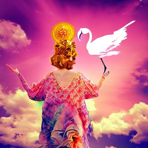 Prompt: goddess wearing a flamingo fashion, photoshop, colossal, creative, giant, digital art, photo manipulation, clouds, sky view from the airplane window